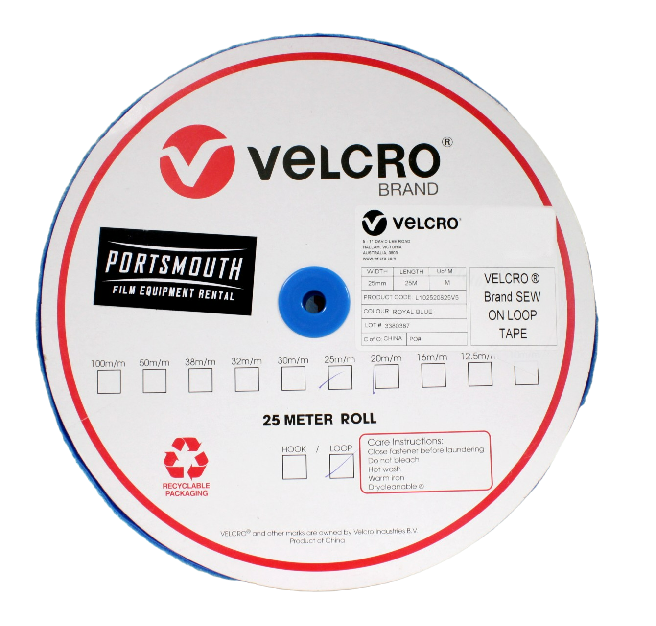 A roll of the blue loop tape, front view, showing the label