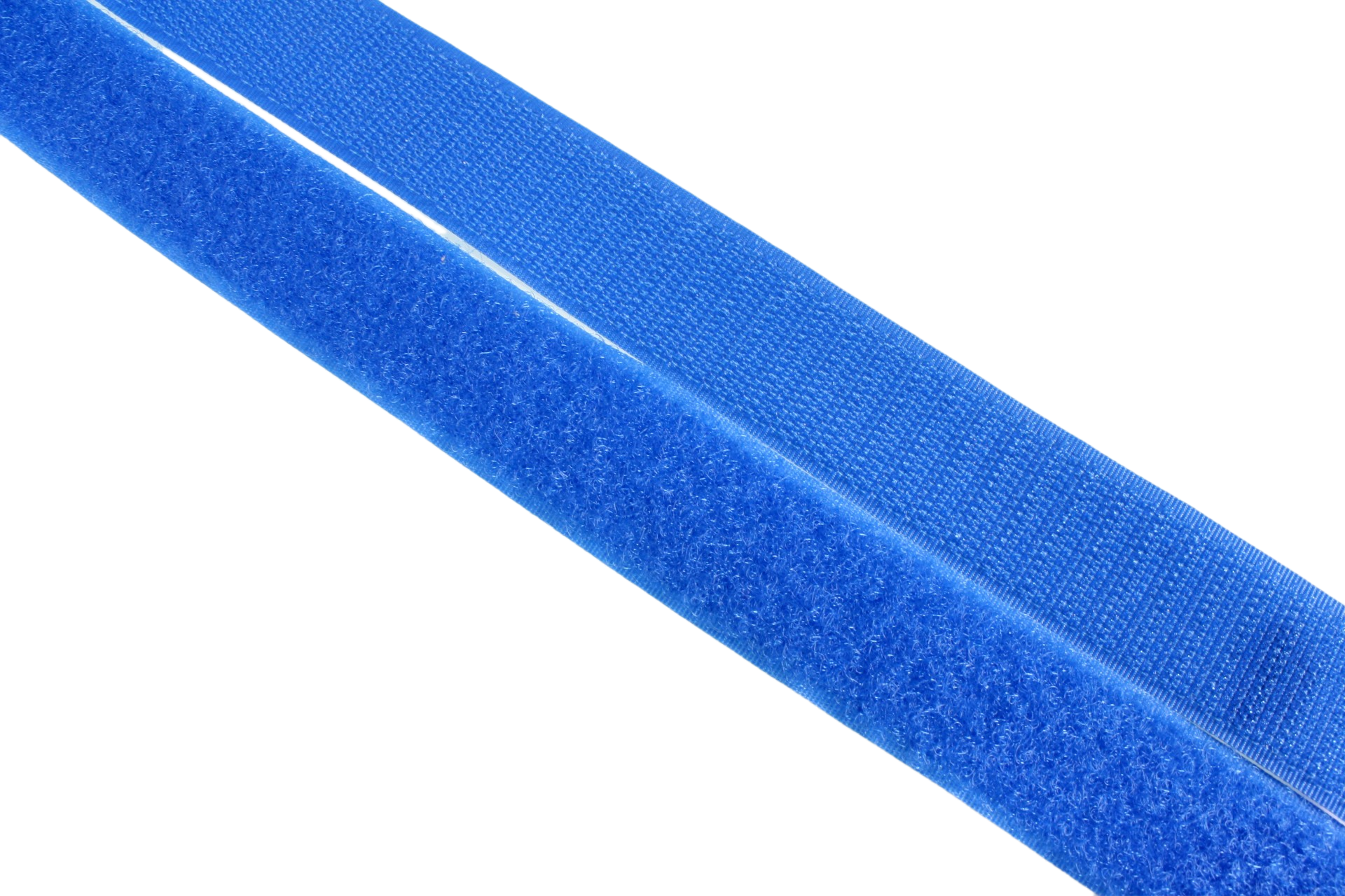 Both blue hook and loop tapes, side by side, close up, showing the texture of each