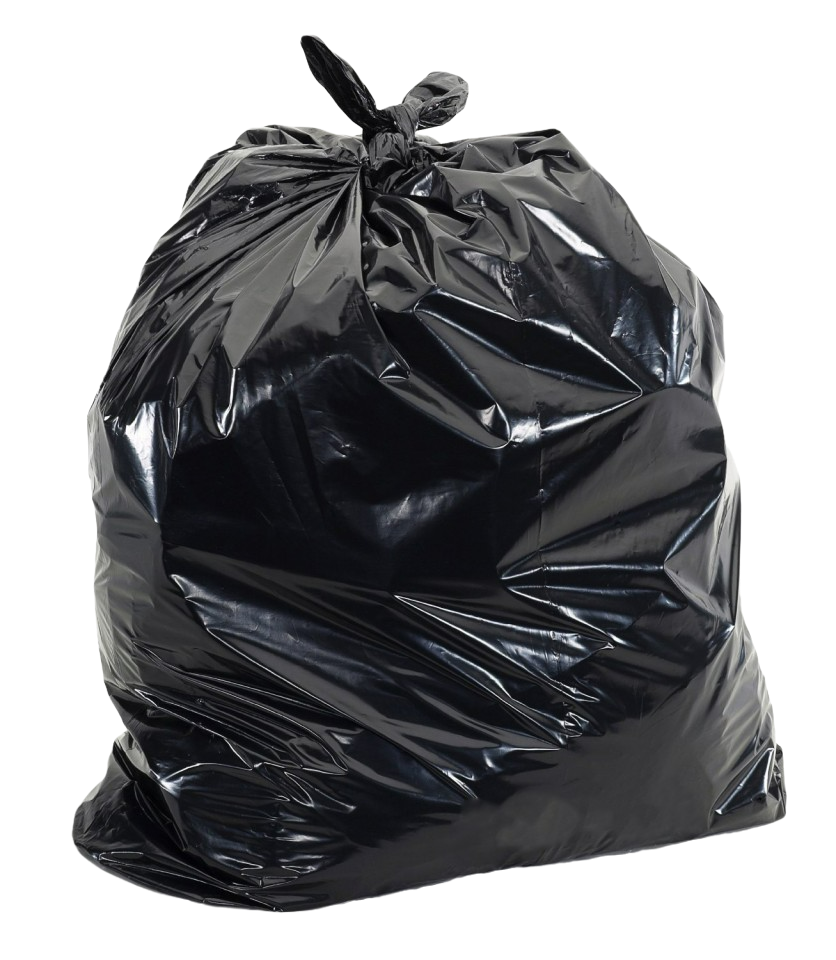 A black plastic rubbish bag, full, and tied at the top.
