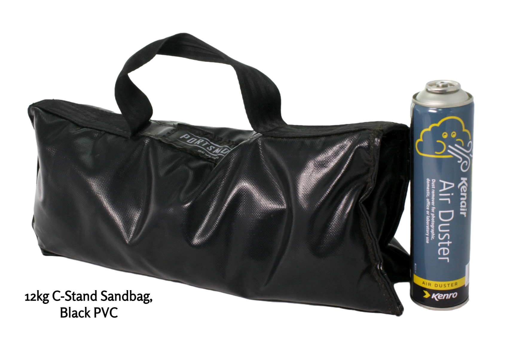 12kg C-stand sandbag in black gloss PVC, with a kenair can for scalewith a custom logo on the top. 