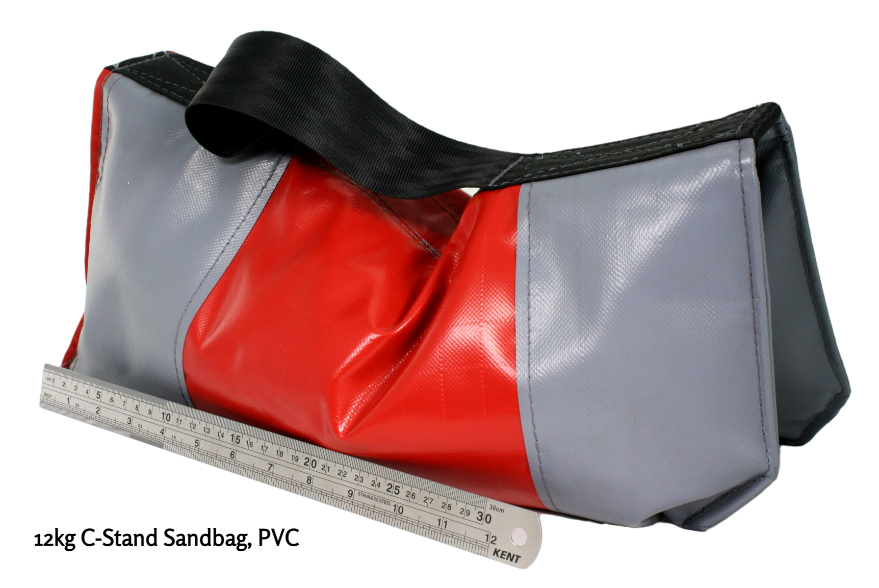 12kg C-stand sandbag, in red and grey, nex to a ruler showing the length is over 30cm