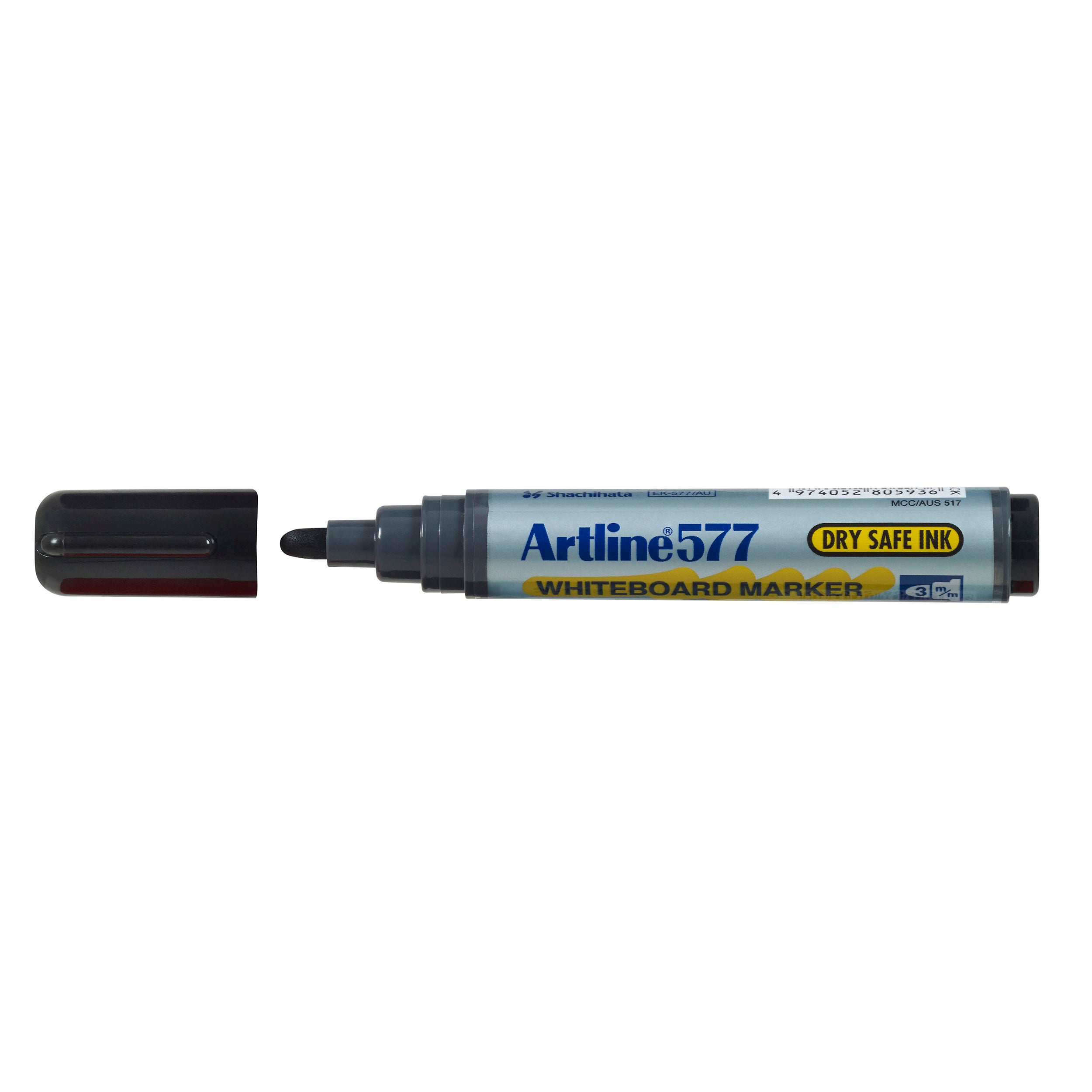 Artline 577 Bullet Tip Whiteboard Marker, black, lid off