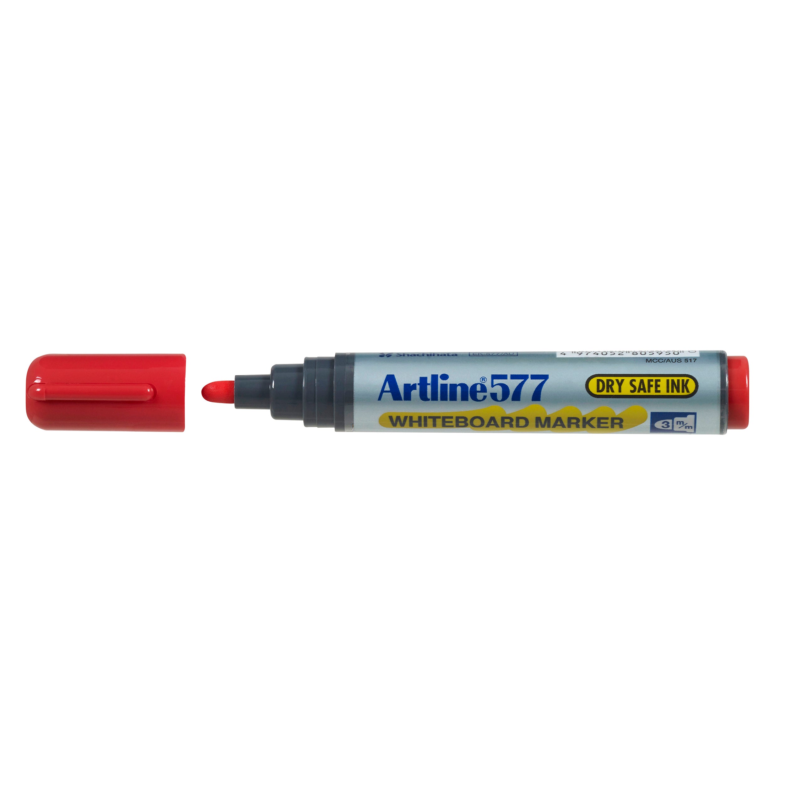Artline 577 Bullet Tip Whiteboard Marker, red, lid off