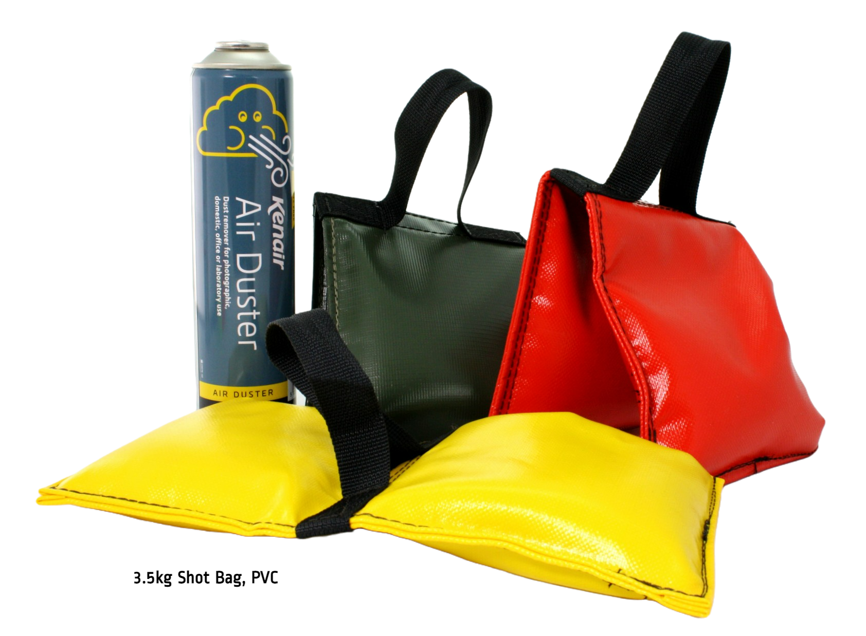 3.5kg Shot Bags, all PVC colours (red, green, yellow), with a Kenair can for scale