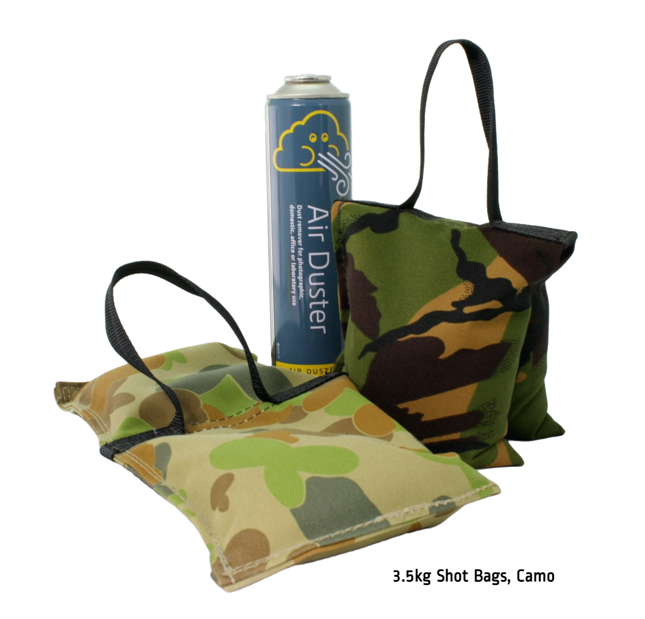 4kg Shot Bags, both camo colours, with a Kenair can for scale