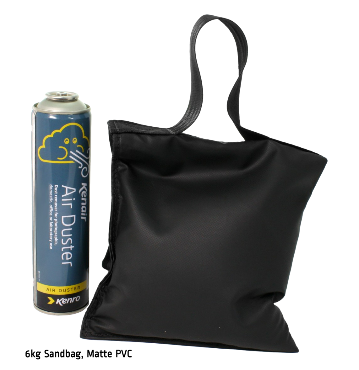 A 6kg sandbag in matte black PVC fabric, next to a can of Kenair for scale