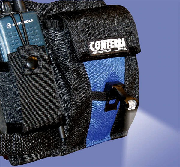 Conterra Adjusta Pro II Radio Chest Harness. Close up of the front of the chest pack, with the light in use.