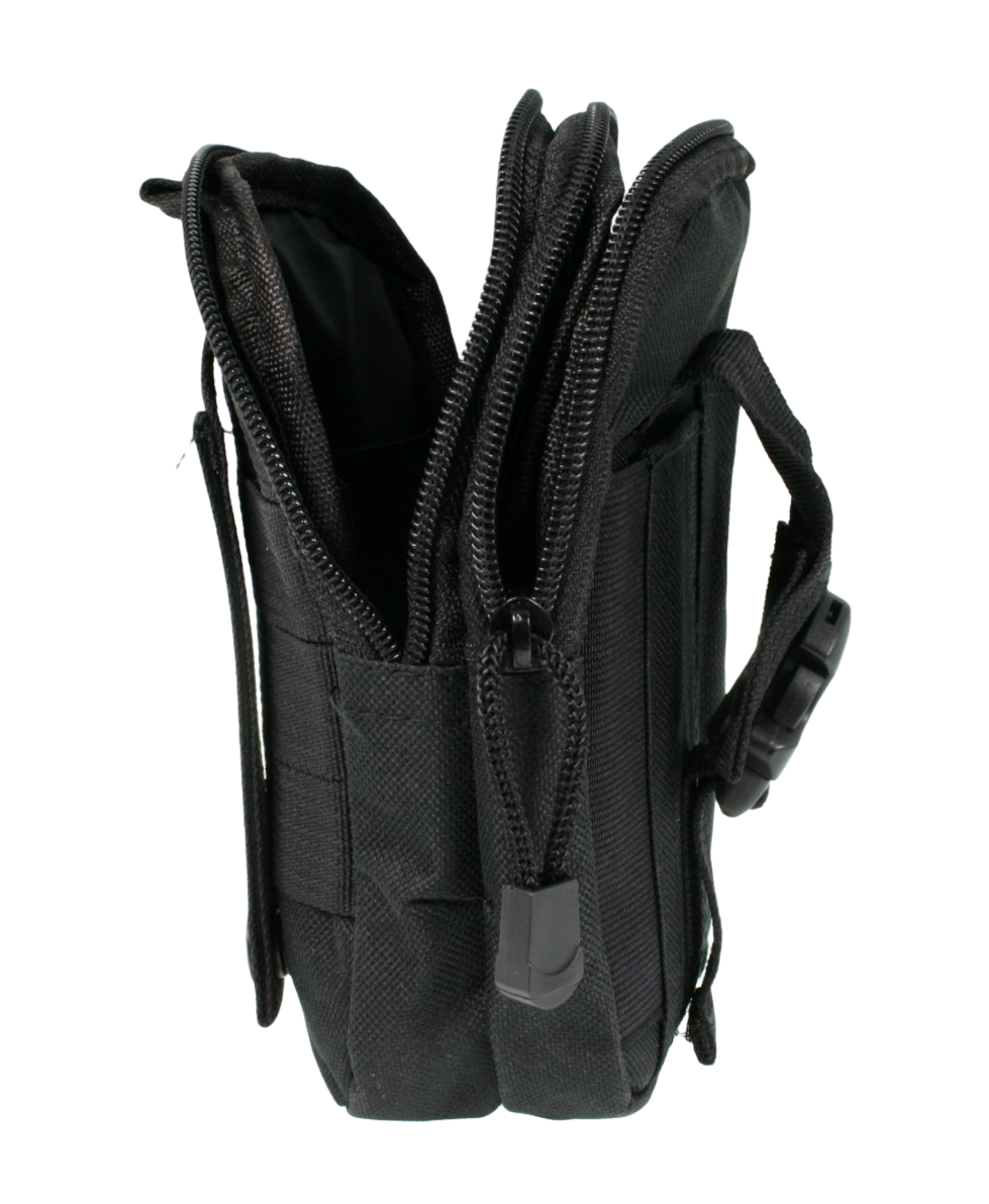 Black pouch, side view with zip pockets open