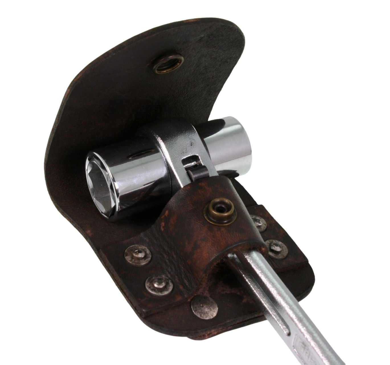 Close up of the podger in the Portsmouth Leather Podger Holster, with the top flap open