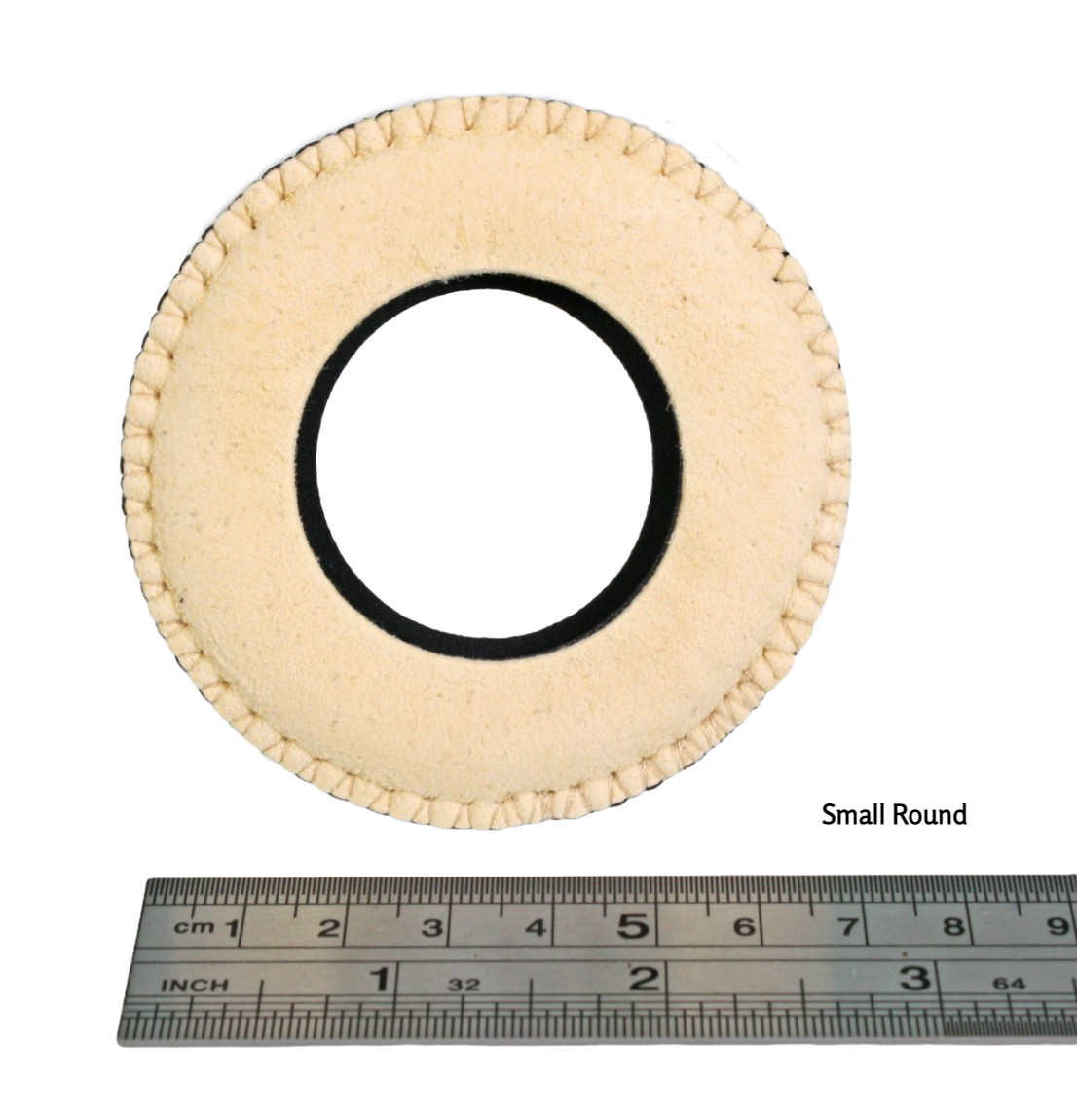 Round Small Eye Chamois next to a ruler showing that the widest part is just over 7cm