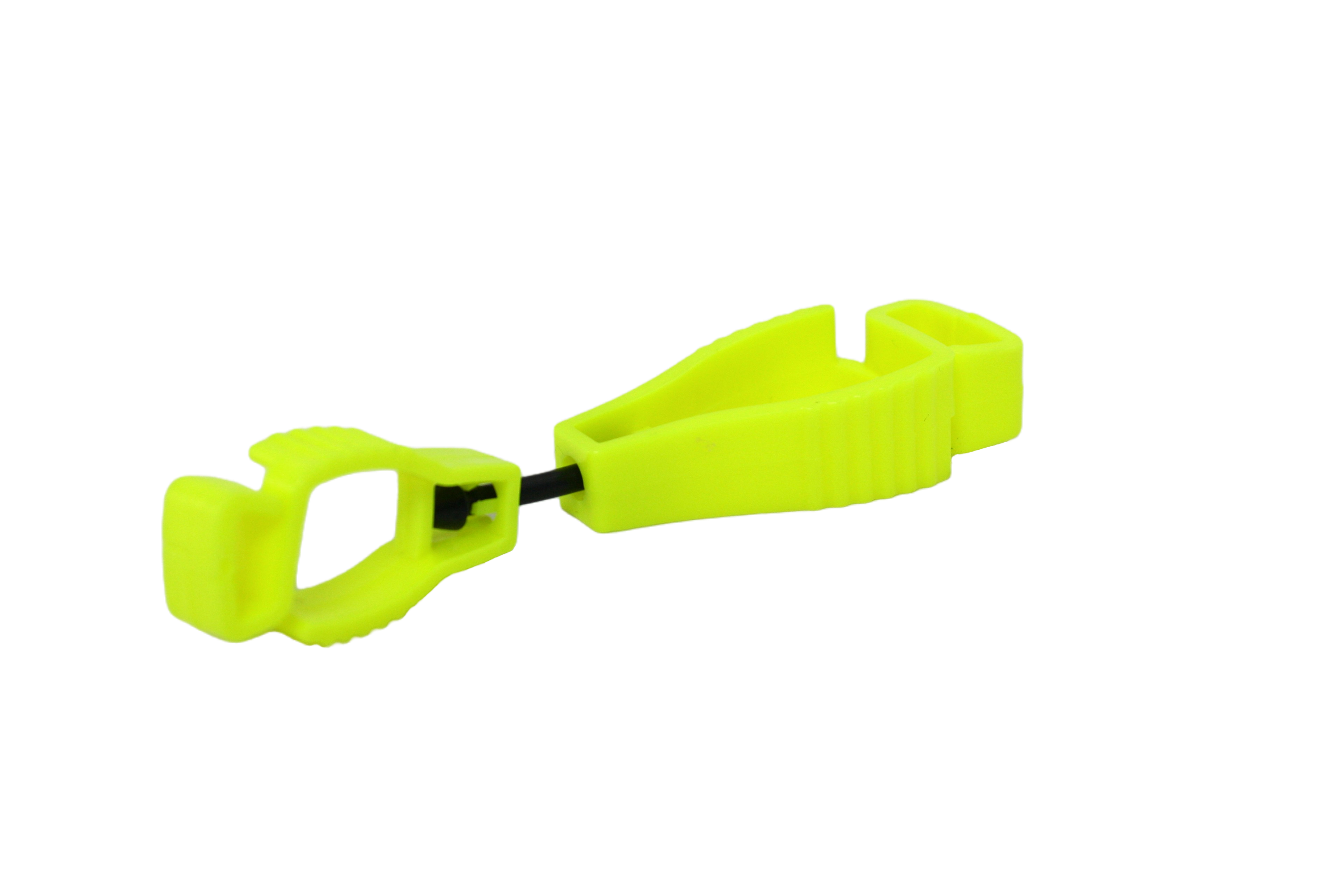 Another angle of the yellow glove clip, showing how each end can twist independently from the other