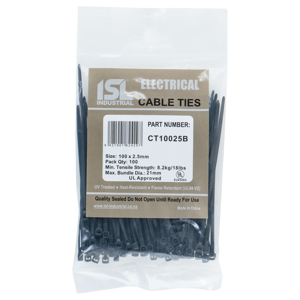 ISL Cable Ties, 100mm x 2.5mm, black, in a pack of 100