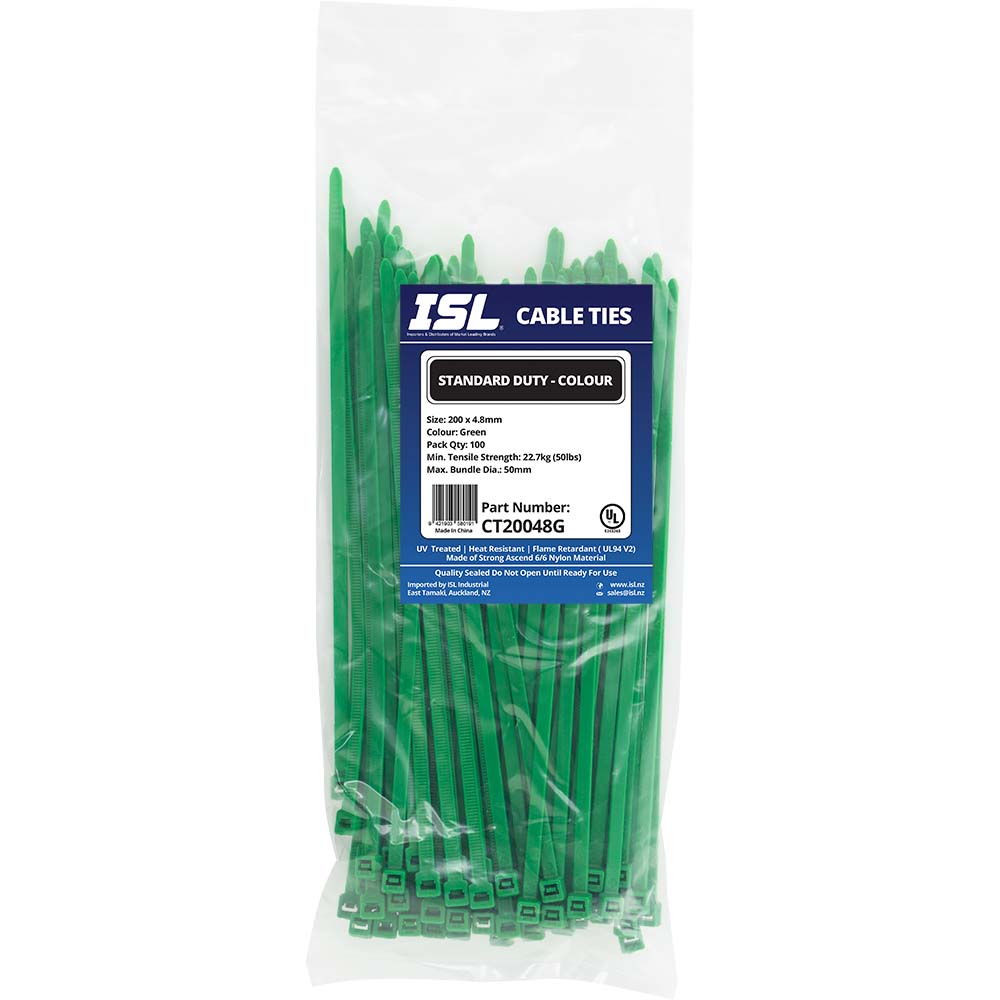ISL Cable Ties, 200mm x 4.8mm, green, in a pack of 100