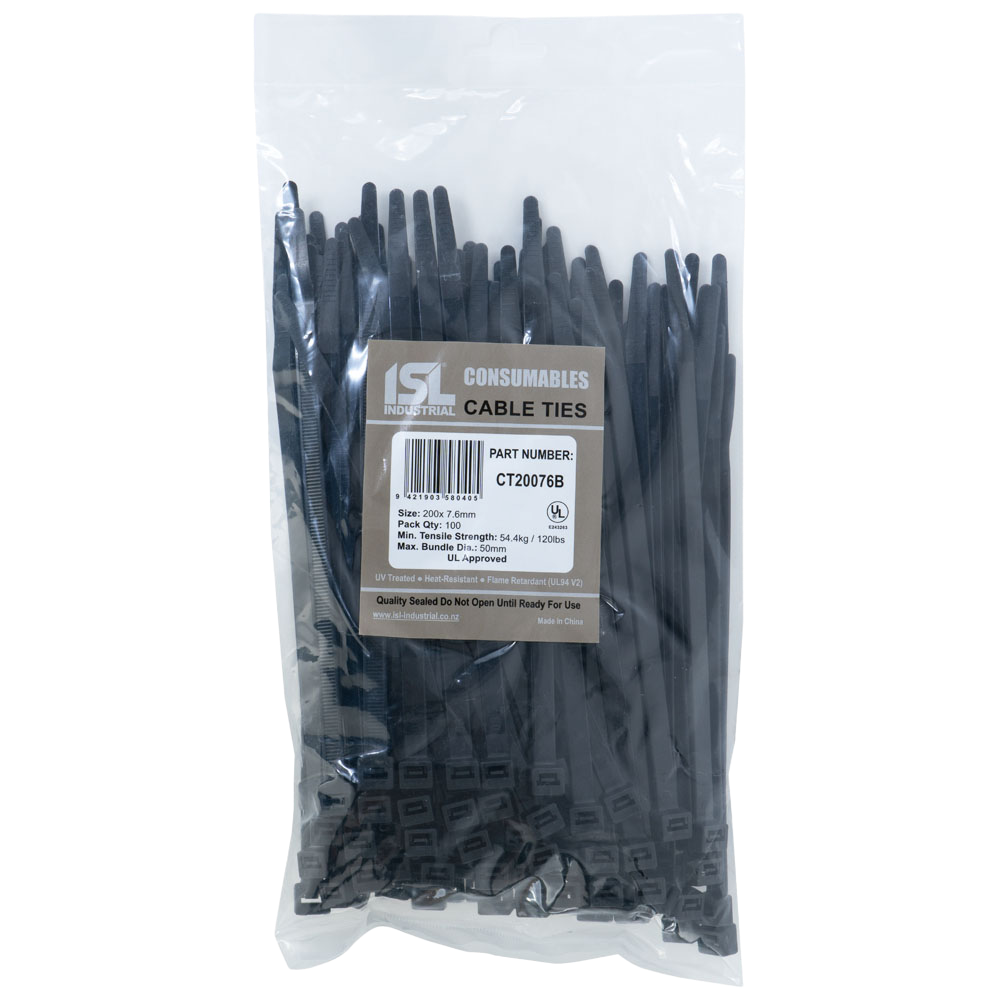 ISL Cable Ties, 200mm x 7.6mm, black, in a pack of 100