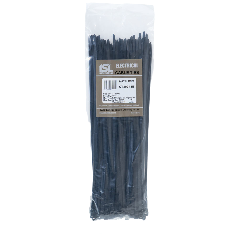 ISL Cable Ties, 300mm x 4.8mm, black, in a pack of 100