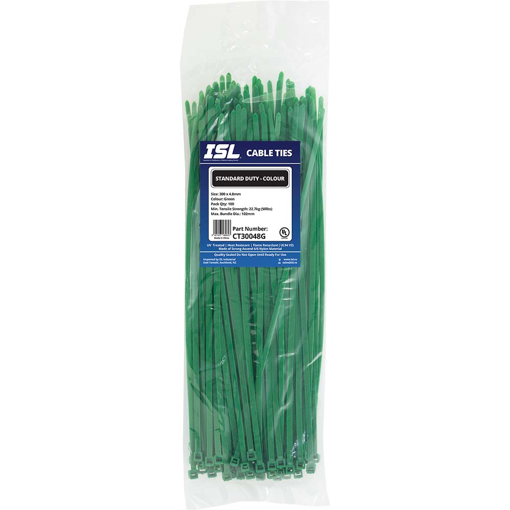ISL Cable Ties, 300mm x 4.8mm, green, in a pack of 100