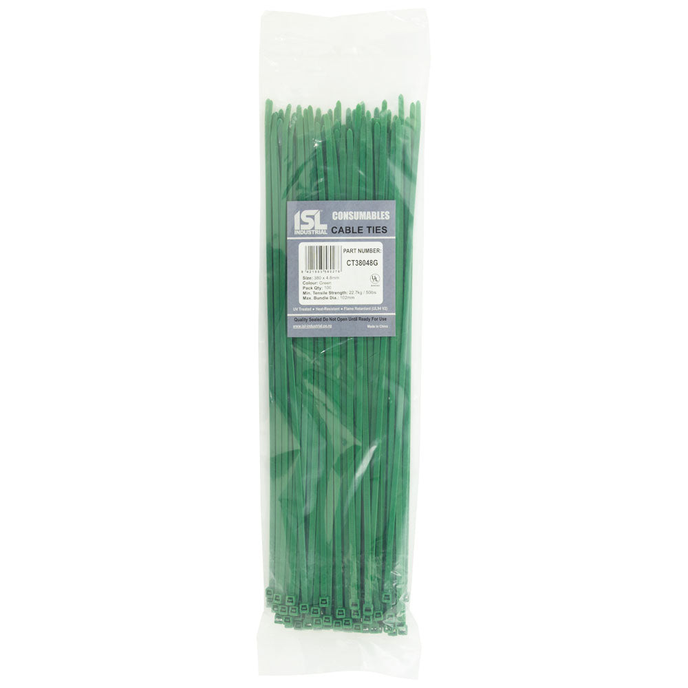 ISL Cable Ties, 380mm x 4.8mm, green, in a pack of 100