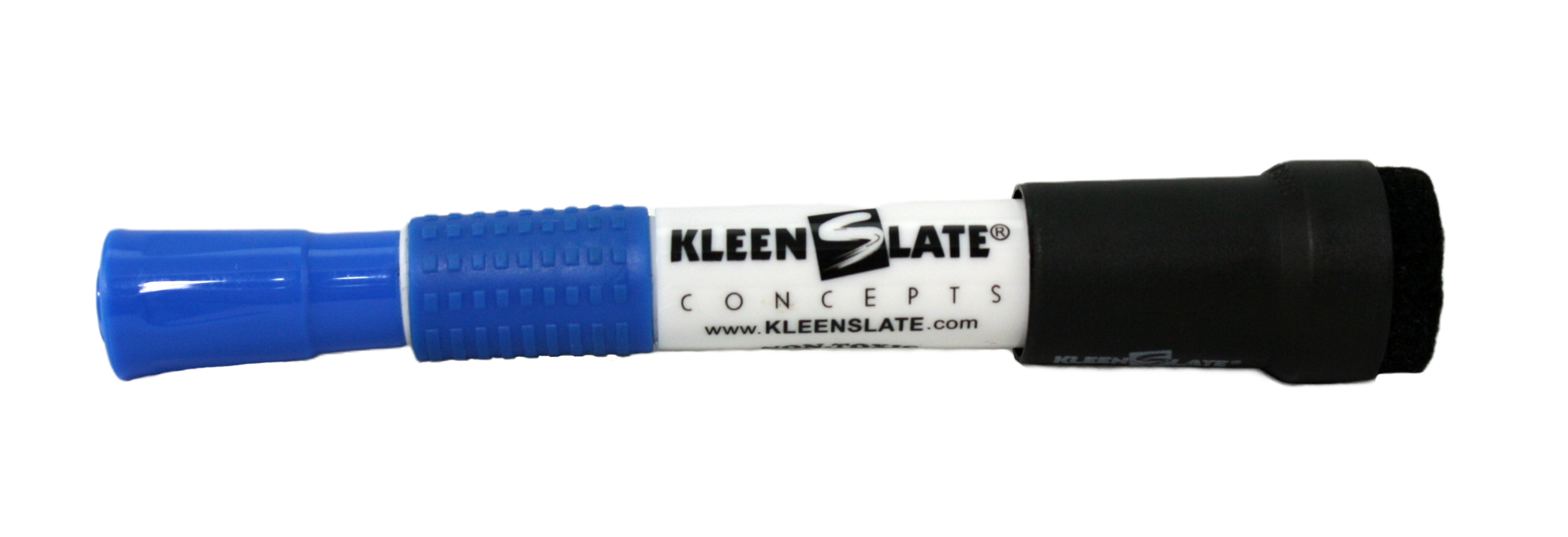 A black KleenSlate Eraser on the end of a blue KleenSlate pen