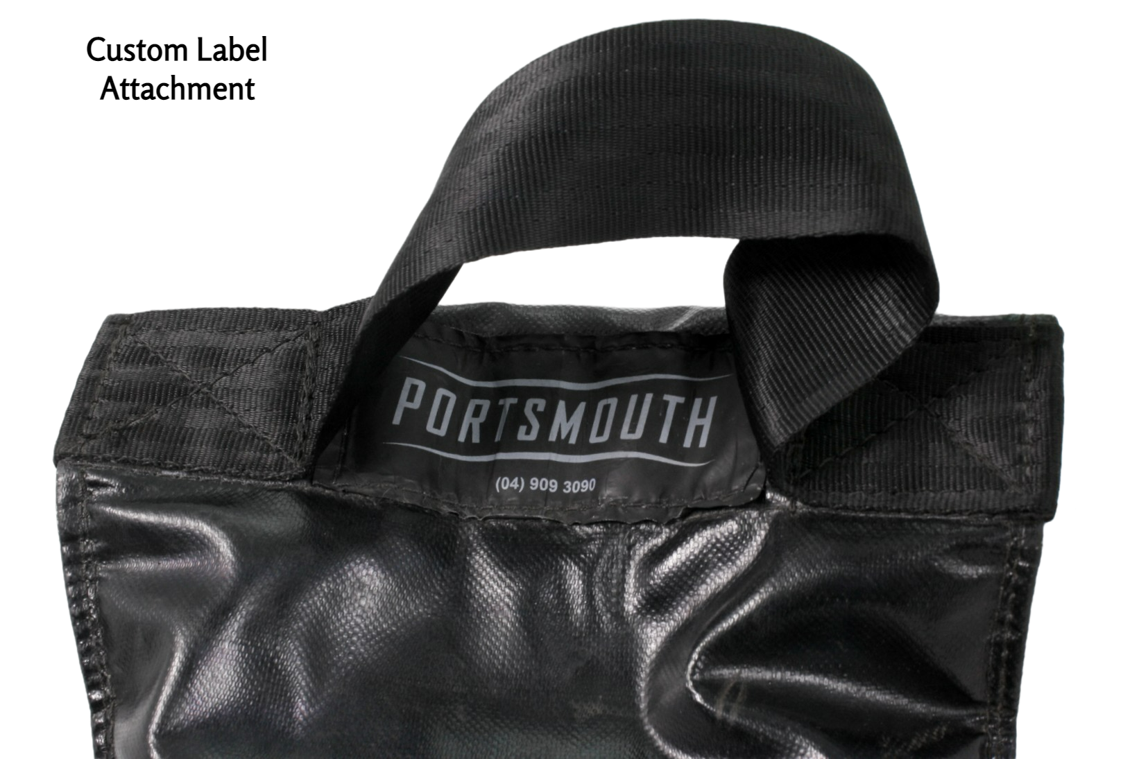 An example of a custom logo stitched onto the sandbag at the top, between the handle anchors.