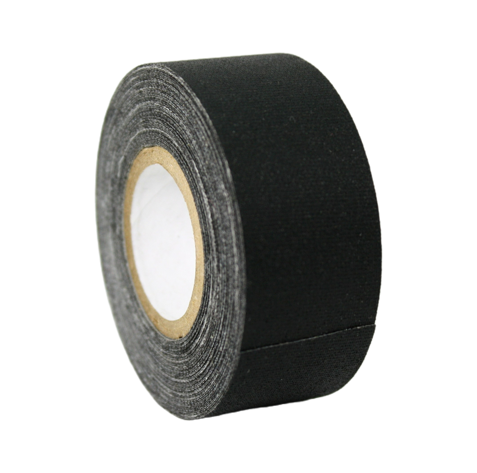 A close up of a single roll of black Micro Gaffer 1" tape.