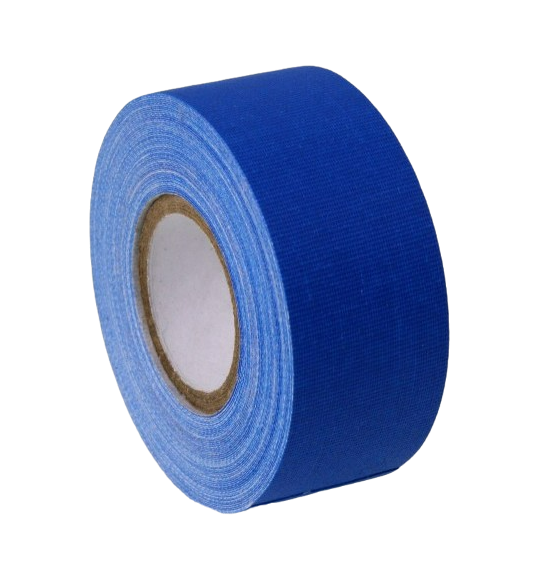A close up of a single roll of blue Micro Gaffer 1" tape
