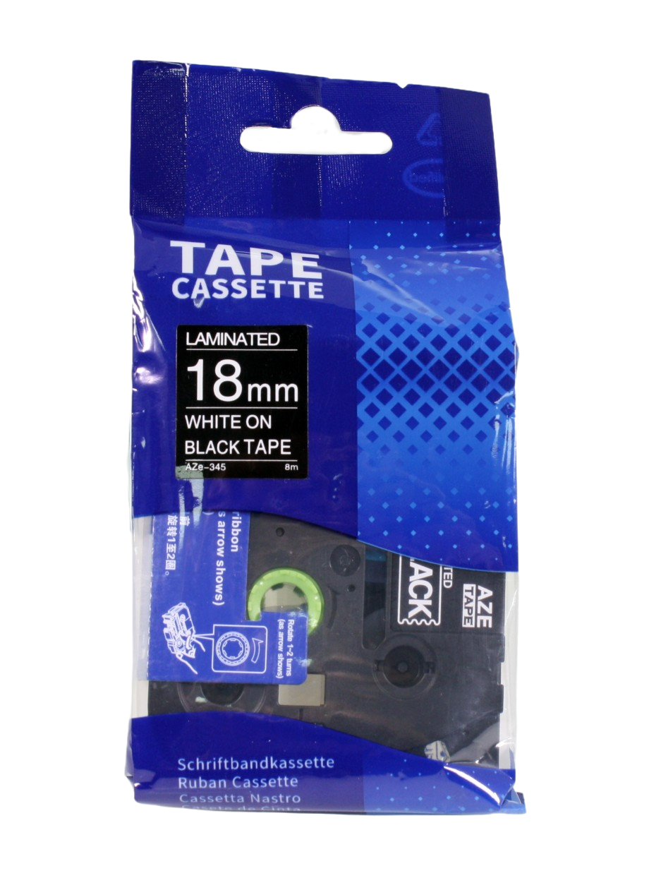 18mm white text on black tape, in packet