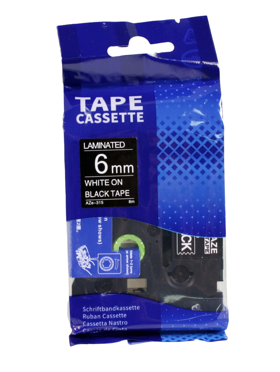 6mm white text on black tape, in packet