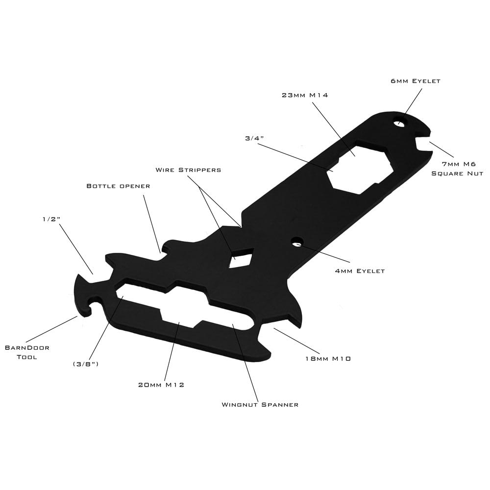 Diagram of the 14 different tools on the Dirty Rigger Rigger's Multi Tool.