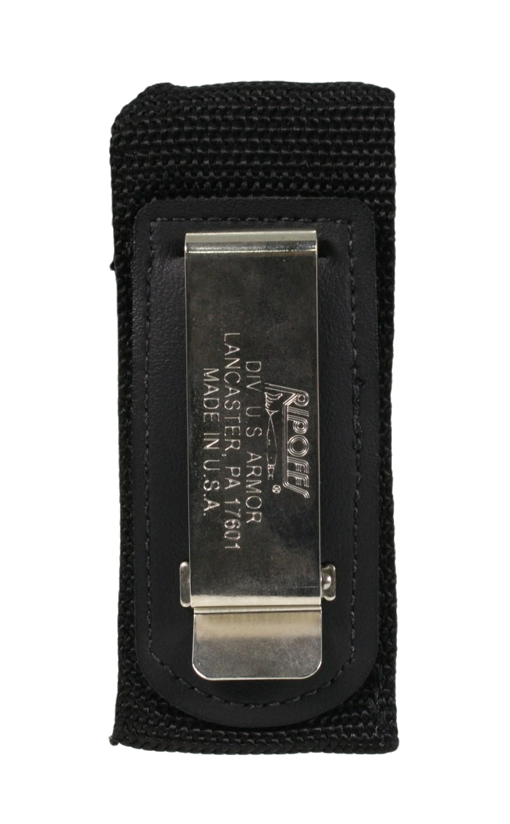Back view, showing metal clip with logo engraved