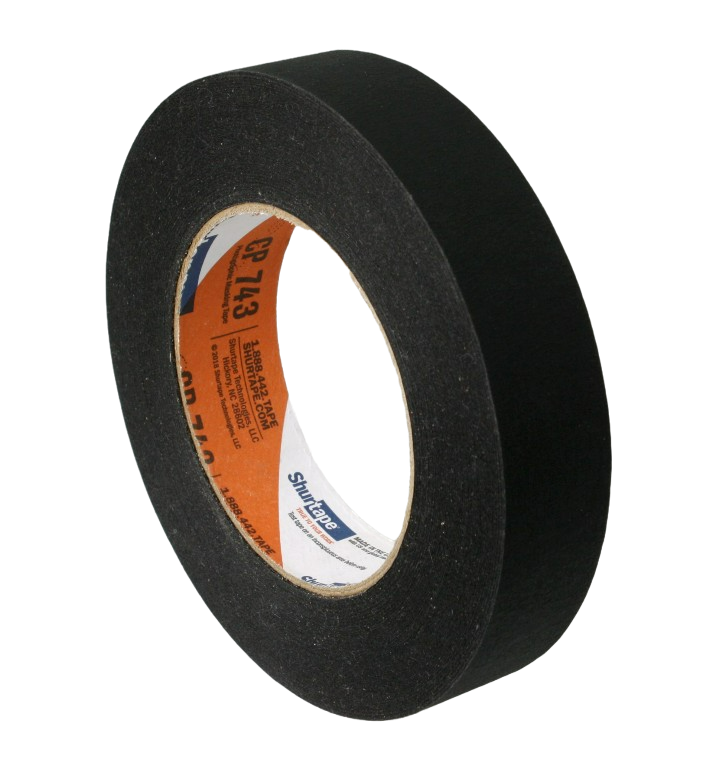 Shurtape CP 743 Matte Black Photographic Tape, 1" roll, 3/4 view