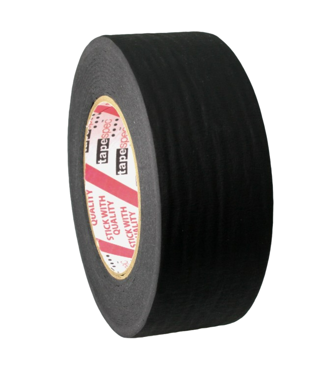 Shurtape CP 743 Matte Black Photographic Tape, 2" roll, side view showing the distributor's logo on their core
