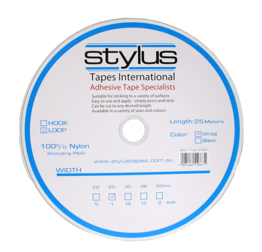 A roll of 1" white loop tape, showing the front label