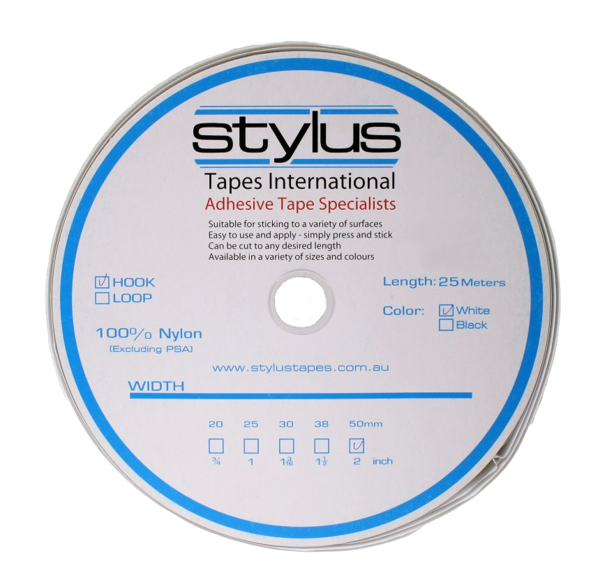 A roll of 2" white hook tape, showing the front label